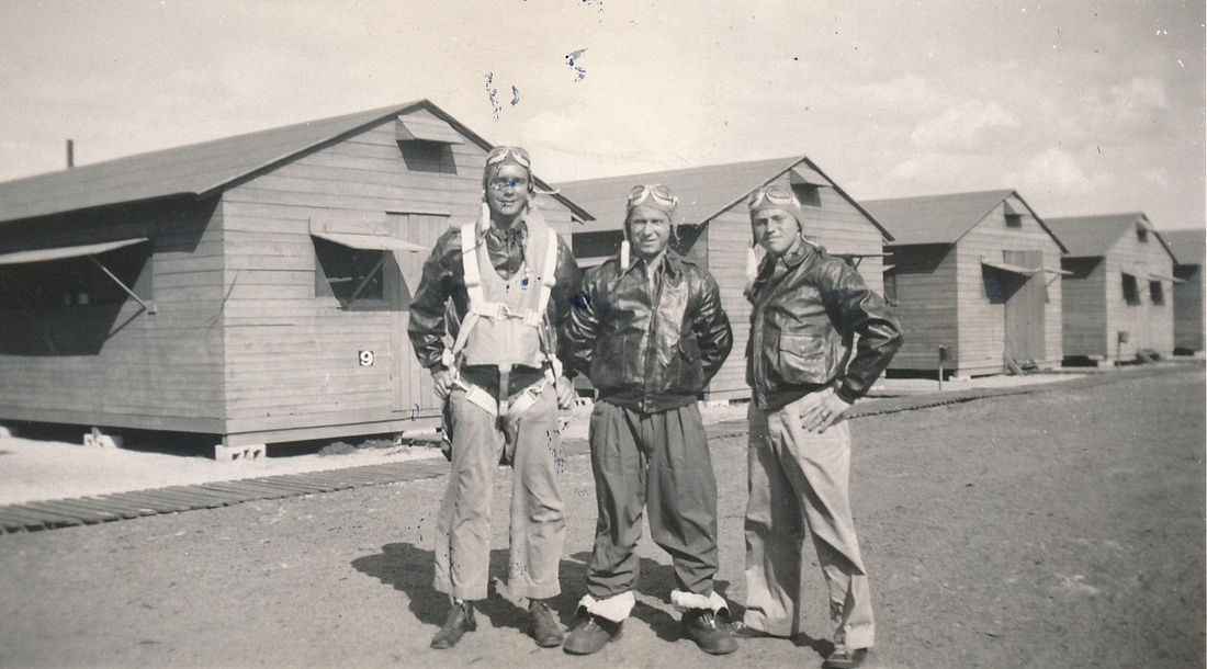 1943-02-03 3 SSgt M Miller (TX), SSgt Tamassi (NM) & Jack, 398 Bomb Sqn, 21 Bomb Grp, MacDill Field, Tampa FL.jpg