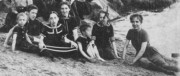 1900-07~ 3 Ped Perry, Harry Baldwin, Ethel Baldwin [Adams], Liz Perry, Benton Baldwin, unknown, Ruth Bowman [Ensign].jpg