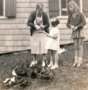 1936 Katie, Joan & Esther, feeding ducks, Bantam Lake CT.jpg