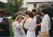 1988-06-04 4 Lucinda (Lee) & Tim Bernard, just married at Community Church, being greeted by Nancy Razee, Jacksonville VT.jpg