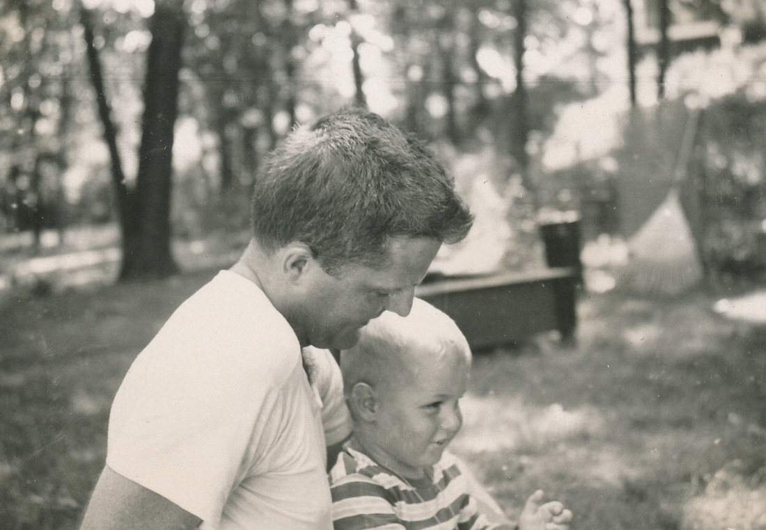 1953-07~ 09 Pete Sr & Dan - sandbox and future treehouse tree in background.jpg