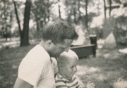 1953-07~ 09 Pete Sr & Dan - sandbox and future treehouse tree in background.jpg