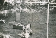 1953-08~ 2 Shucking corn, near sandbox and rotary clothesline.jpg