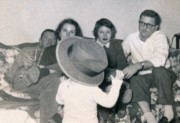 1953-11-26~ 2 Bob Jr in Pete's hat, Bob, Jane, Diane & Pete; Thanksgiving, Douglaston.jpg