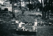 1954-07~ 2 Unknown, Pete Jr & Dan; backyard sandbox that Ped made; Diane's garden proceeds.jpg