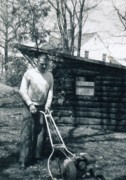 1955-05-01~ 8 Pete with borrowed reel lawnmower (HBD Dad & Dan).jpg