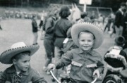1955-05-21~ 1 Dan & PD in cowboy outfits from Grandpa's visit to Texas, Harris School Fun Day, Needham.jpg