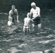 1955-08 17  - Dan, Pete, Pete Jr & Hilliard - Last dip at The Eddy, Campton NH.jpg