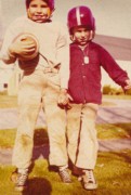 1956-10~ 2 Pete Jr & Dan - New helmets & ball.jpg