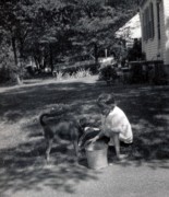 1957-05-18 1 Diane weeding the walk, with Dusty; Armed Forces Day.jpg