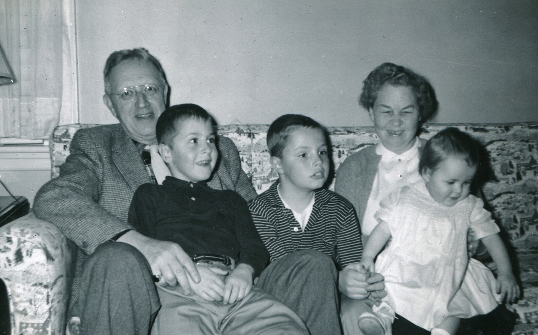 1957-11-06 2 Ped, Dan, Pete Jr, Doris & Andrea; Andrea is One!.jpg
