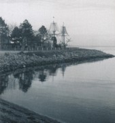 1957-11-27 8 Mayflower II at sunset; day before Thanksgiving, Plimouth Plantation, MA.jpg