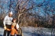 1960-01~ 1 Ped, Andrea, Pete Jr & Pete; skating behind 26 Driftwood Lane, Weston MA.jpg