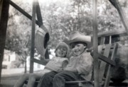 1960-08 31 Anne Rawson & Andrea Matthews - in the 'stage coach' - 204 Highgate St, Needham MA.jpg