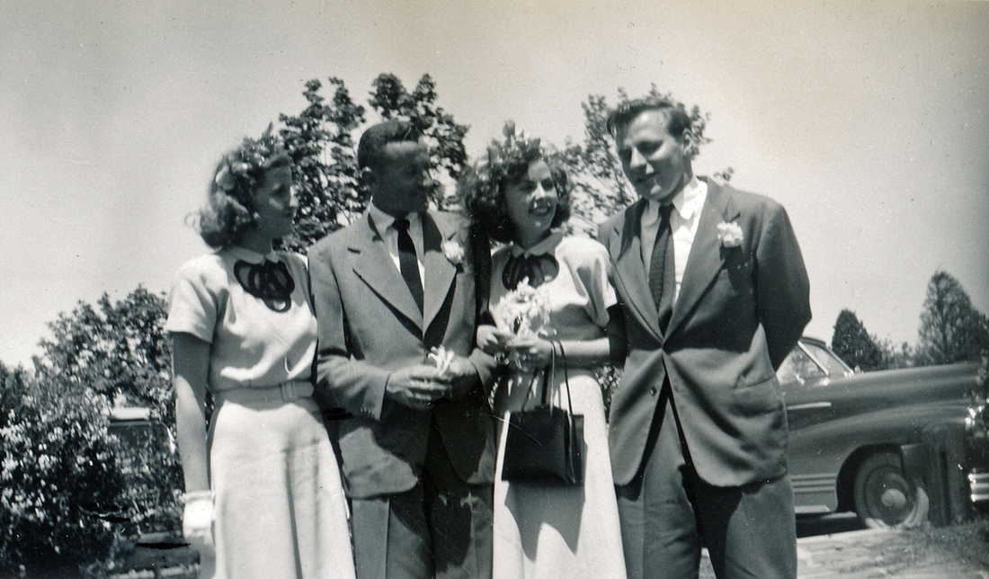 1948-05-19 3 Maureen Noonan, Bob & Jane (Matthews) Wager, George Franke.jpg