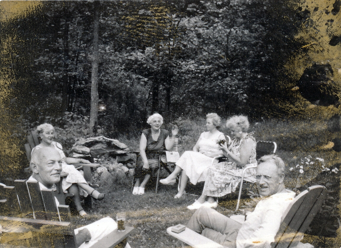 1954-08-01 1 (HBD Gram!) George & Eva [Hesslein, next door], A, Doris, B & Ped; A&B = Mildred Black & Helen Morse.jpg