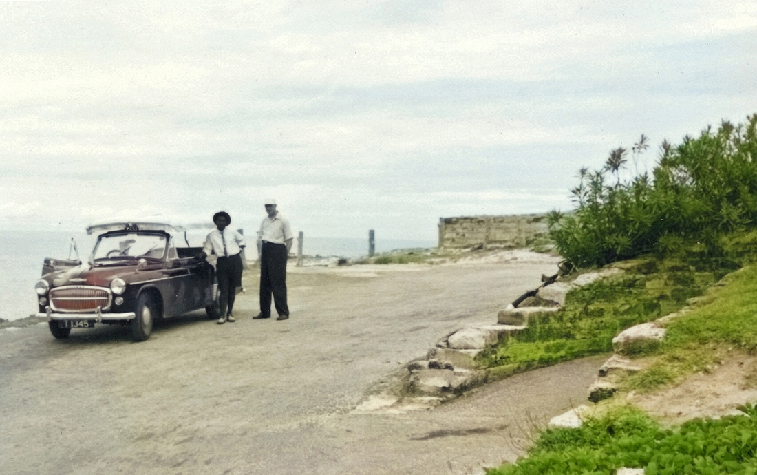 1956-09 09 Ped, our driver & taxi with fringe on top, Fort Catherine, Bermuda.jpg