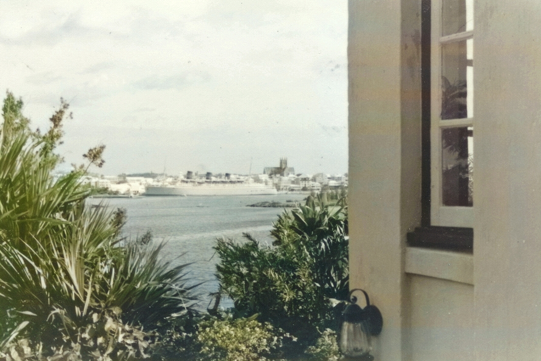 1956-09 42 'Queen of Bermuda' & St Theresa Cathedral, from terrace of Newstead, Paget, Bermuda.jpg