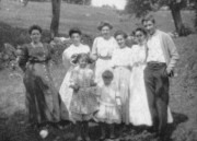 1909-05~ (r) Liz Perry, Gussie Bradstreet, Alice Frisbie, Bess Frisbie, Edith Blakeslee, Ped; (f) Doris & Betty Frisbie; at the spring, Oxford CT.jpg