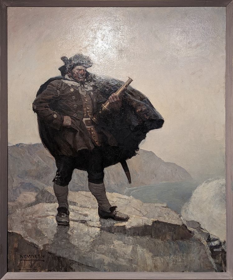 2023-05-11 140 All day he hung round the cove, or upon the cliffs, with a brass telescope (1911), N C Wyeth; Brandywine Museum.jpg